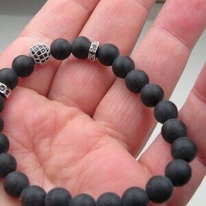$120 Lava natural healing Yoga elastic Bracelet St Steel onys setted bowl Men Wo